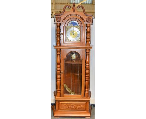 Modern Continental longcase clock, walnut case with swan-neck pediment, the hood and case with turned supports, arched glazed