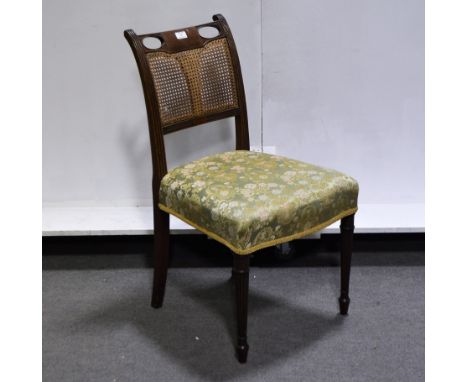 Mahogany single chair, cane panel back, bow front seat, turned and fluted legs, width 49cm.