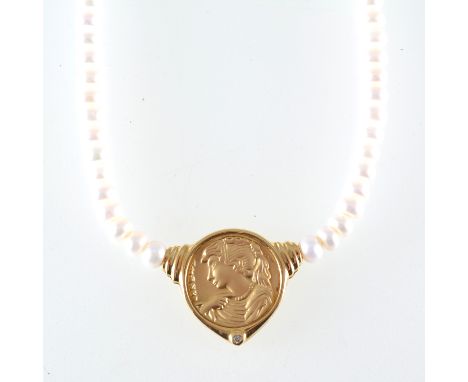 A pearl necklace and earring suite, ninety-eight 5.2mm to 5.4mm button shaped pearls strung into a single row with a gold col