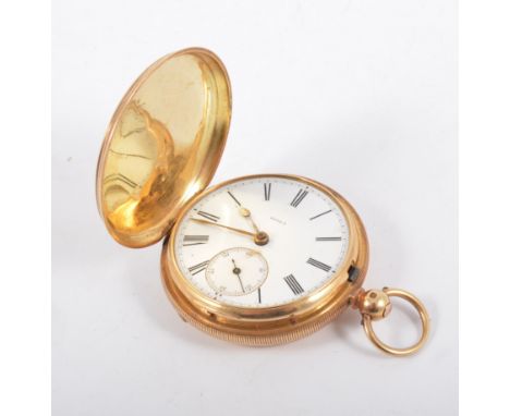 An 18 carat yellow gold full hunter pocket watch,  the white enamel dial with the number 66063  having a Roman numeral chapte