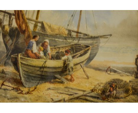 W Harford - a pair of watercolours, children in a boat on the beach with lobster pots, children playing on a hill with a vill