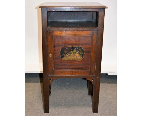 Mahogany bedside table, rectangular top with moulded edge, the panelled door with a Japanese painted panel, moulded legs, wid