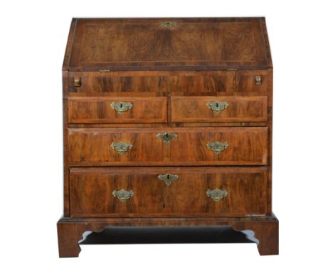George II style walnut bureau, basically 18th Century, the fall front with herringbone stringing, two short and two long draw