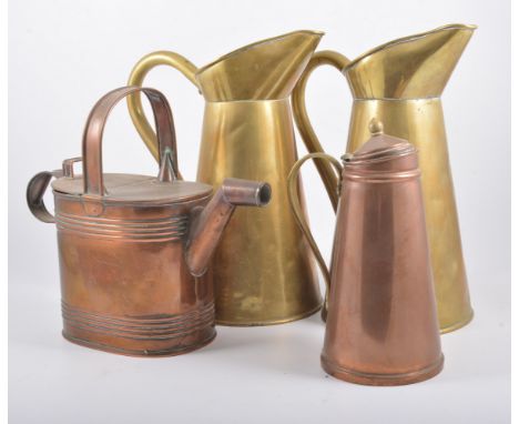 Pair of brass andirons, 36cm; fire irons; helmet shaped coal scuttle; two watering cans; urn-shaped lamp; pair of water jugs,