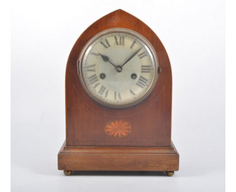 Edwardian lancet-shape mantel clock, inlaid mahogany case with a fan oval, silvered dial, Barden movement, striking on a gong