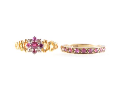 Two ruby rings, nine rubies set in a 9 carat yellow gold 3mm wide line edge half eternity mount, ring size N, five rubies and