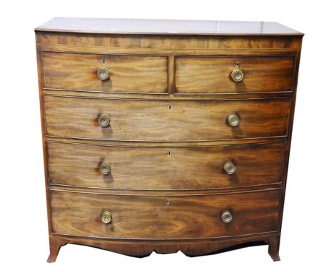 Victorian mahogany bow front chest of drawers, the top with a moulded edge, plain frieze, fitted two short and three long gra