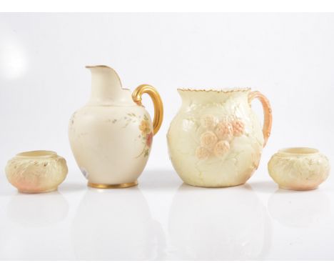 Lock & Co. Worcester jug, moulded decoration; a Royal Worcester jug; and a pair of Lock & Co. Worcester posies. (4)