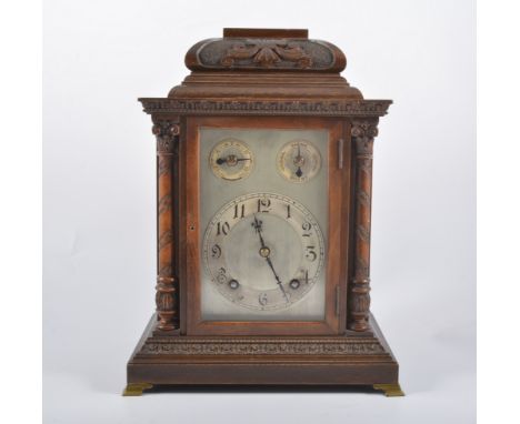 Edwardian walnut mantel clock, rectangular silvered dial, chapter ring with Arabic numerals, Continental movement striking on