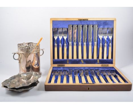 Cased set of electroplated fish knives and forks, silver ferrules, ivory handles; cased set of cake forks; pickle fork; and a