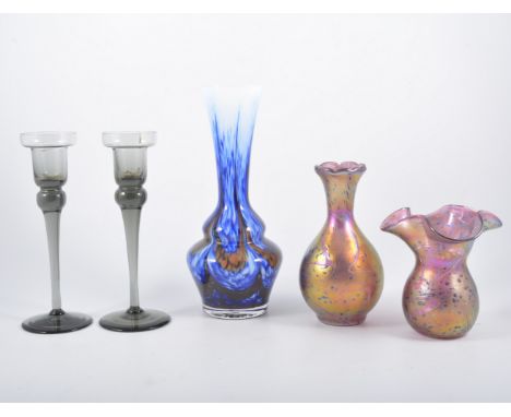Pair of Royal Doulton grey tinted crystal candlesticks, 21cm; opalescent glass, and other coloured glassware.