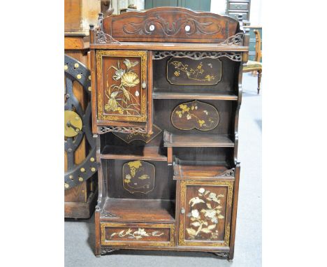 Chinese stained wood shelf, inlaid door panels.