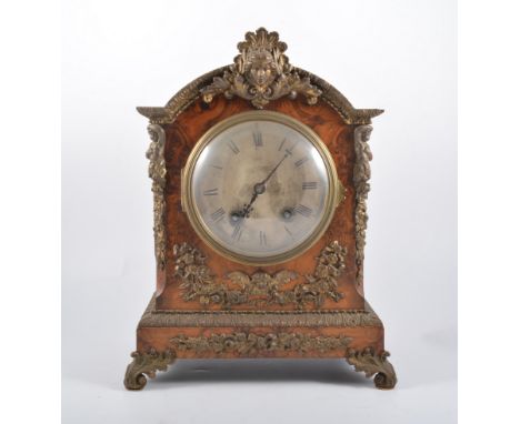 Victorian burr walnut mantel clock, domed case with gilt metal mounts, circular silvered dial, Lenzkirch movement, striking o