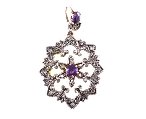 An amethyst and rose diamond pendant, the oval pendant claw set with a 4.5mm amethyst to centre with thirty-eight small rose 