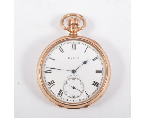 A 9 carat yellow gold open face pocket watch, the white enamel dial named "Elgin", having a Roman numeral chapter ring and su