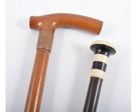 19th Century walking stick commemorating Nelsons flagship Foudroyant and an Edwardian ivory mounted cane, (2)