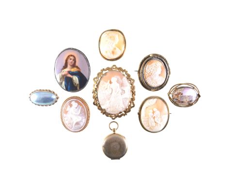 A collection of cameo and portrait brooches, five oval carved shell cameo brooches, profiles and scenes, one modern 9 carat y
