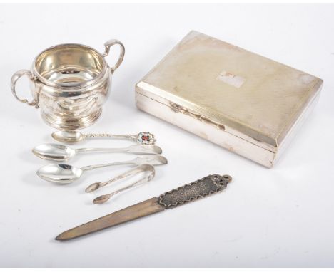 Mappin and Web silver twin handled cup, silver spoons, sugar tongs and silver-plate cigarette case. 