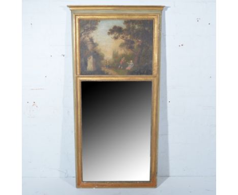 George III style gray painted and parcel gilt gesso over-mantel, upright rectangular plate with a painted panel over, the lat