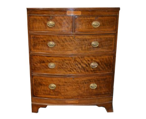 Victorian mahogany bow front chest of drawers, boxwood stringing throughout, the top with a reeded edge, two short and three 