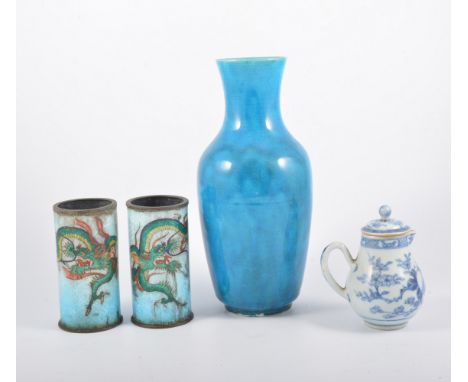 Two Imari plates, decorated in a traditional palette, diameter 23cm; Chinese monochrome vase; pair of enamel spill vases, etc