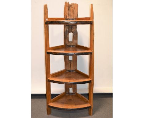 Four shelf corner unit, constructed with reclaimed timbers, open shelves, width 78cm, depth 61cm,  height 183cm.