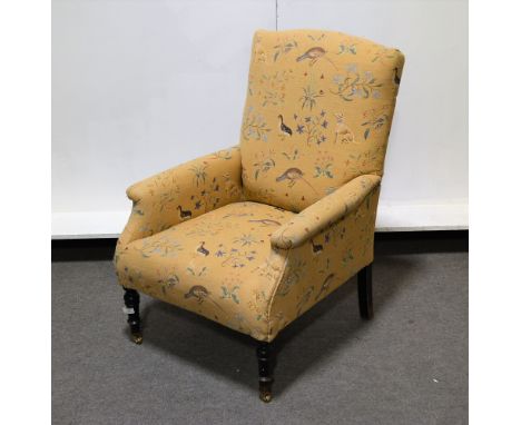 Victorian ebonised easy chair, 18th Century style tapestry pattern upholstery, turned and ringed legs, width 67cm.