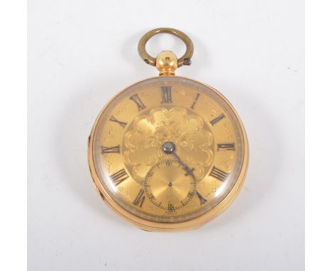 An 18 carat yellow gold open face pocket watch, the ornate gold dial having a Roman numeral chapter ring and subsidiary secon