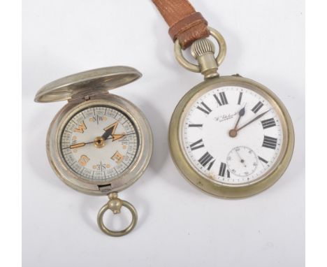 A large base metal open face pocket watch, 44mm white enamel dial named W Ehrhardt London with subsidary seconds dial, top wi