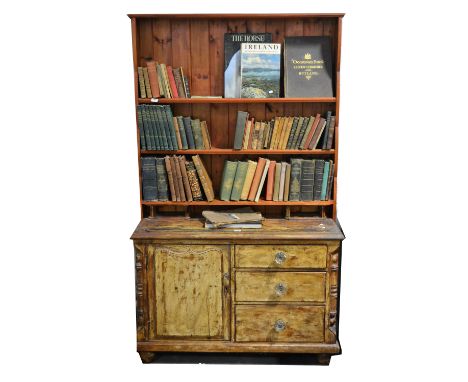 Victorian pine Lincolnshire dresser, rectangular top with two spice drawers, moulded edge, fitted with three drawers and a cu