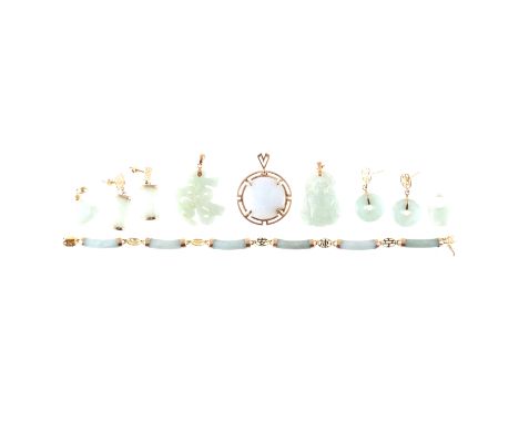 Ten pieces of modern green jade jewellery, a six bar bracelet hallmarked 14 carat yellow gold fittings, two pairs of drop ear