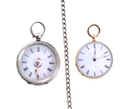 A yellow metal open face fob watch, engine turned case marked K14, metal inner case, key wind movement, a white metal open fa