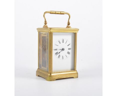 French brass cased carriage clock, rectangular enamelled dial, 15cm.