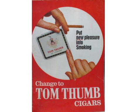 A VINTAGE CARDBOARD ADVERTISING SIGN FOR TOM THUMB CIGARS, approx. 76 x 51 cm, together with a smaller cardboard  vintage sty