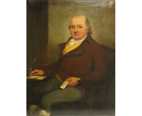 (XVIII-XIX). Portrait study of a seated gentleman with letters and quill pens, unsigned, oil on canvas, unframed, 111 x 87 cm