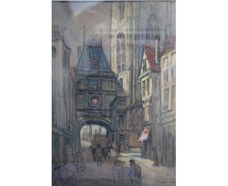 ROUEN STREET SCENE WITH HORSE, CART AND FIGURES 'LA GROSS HORLODGE, ROUEN', indistinctly signed with initials and dated 1931 