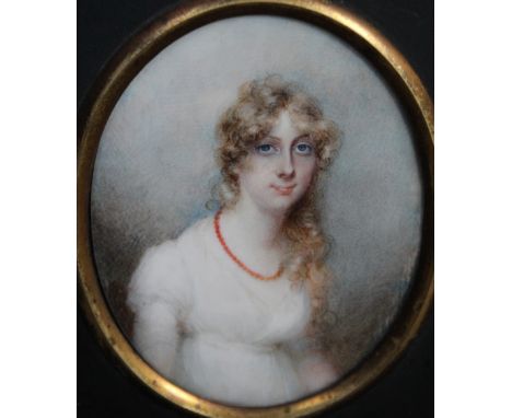 (XIX). Oval portrait miniature on ivory, half length study of a young woman, unsigned, frame with acorn finial, glazed, 8.5 x