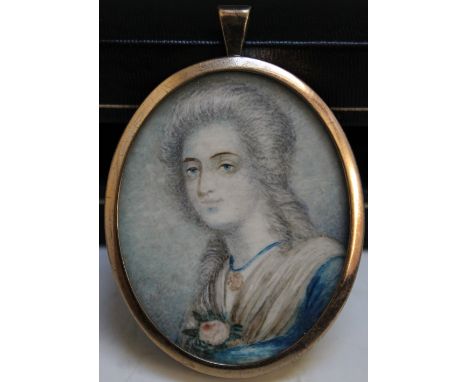 A 19TH CENTURY OVAL PORTRAIT MINIATURE ON IVORY, head and shoulder study of a young woman, unsigned framed, and glazed, 5 x 4