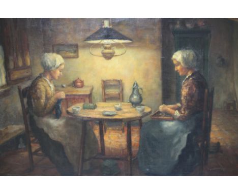 A. J. VAN EYBERGEN (XIX-XX). Dutch school, lamp lit cottage interior scene with two women seated at a table, signed lower lef
