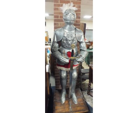 A LATE 20th CENTURY FULL-SIZED CARLOS V OF SPAIN EMBOSSED SUIT OF ARMOUR, hand crafted in steel and iron, the breast plate he