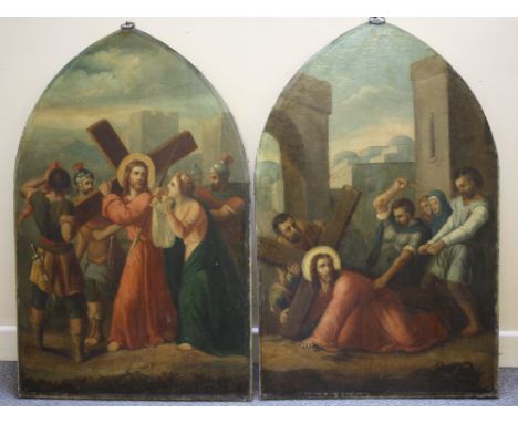 (XIX). A pair of arch topped Stations of The Cross, unsigned, oils on canvas laid on boards, unframed, 88 x 56 cm
