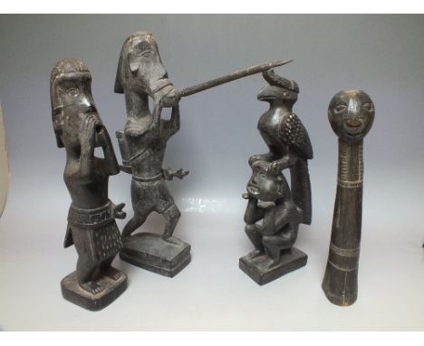 A COLLECTION OF FOUR CARVED HARDWOOD TRIBAL FIGURES, of varying figural and animal form, tallest H 35 cm (4)