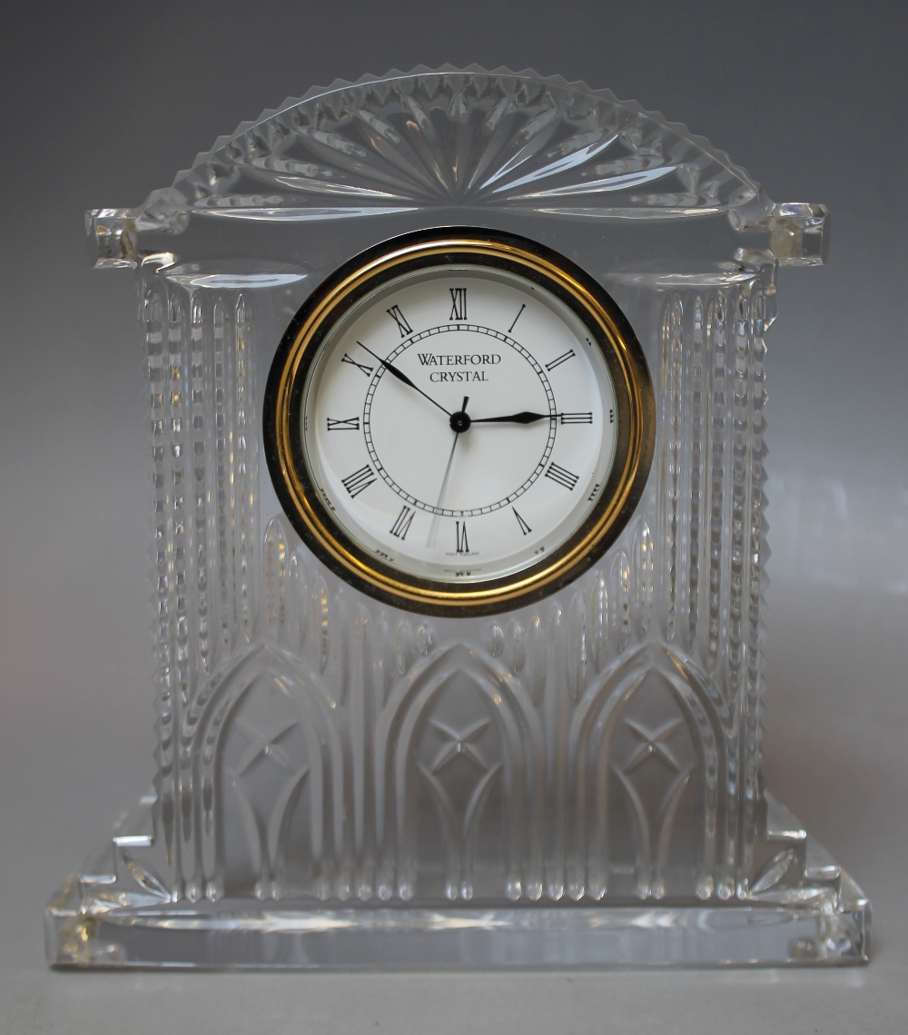 A WATERFORD CRYSTAL MANTLE CLOCK, with quartz movement, etched