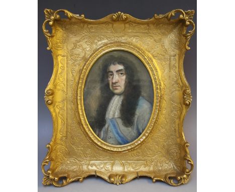 (XVIII). English school, oval portrait study of Charles II, unsigned, pastel on paper, framed and glazed, 23 x 17 cm