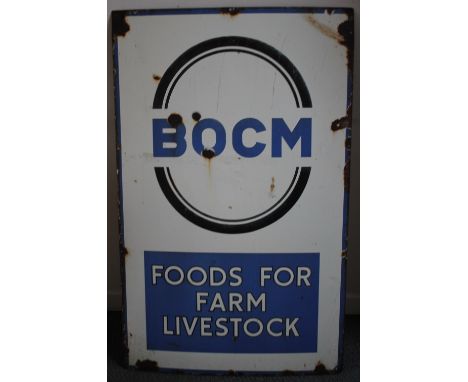 A VINTAGE ENAMEL ADVERTISING SIGN FOR 'B O C M', approximate dimensions 122 x 76 cm