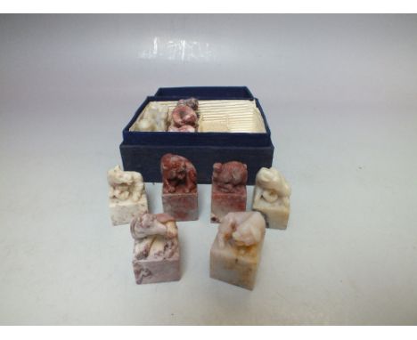 A BOXED SET OF VINTAGE CHINESE ZODIAC SIGN CHOPS / SEALS, hardstone examples with carved zodiac animals surmount, tallest H 4