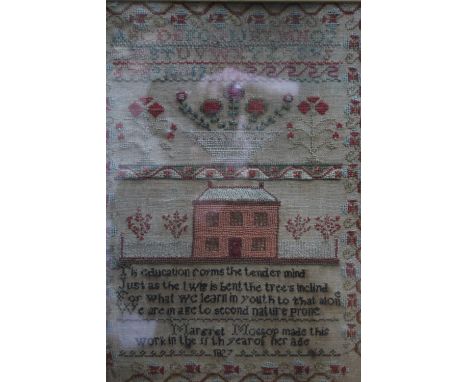 A 19TH CENTURY FRAMED AND GLAZED WOOLWORK SAMPLER, depicting verse, house, flowers and border, bearing name 'Margaret Mossop'