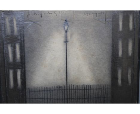 CIRCLE OF LAURENCE STEPHEN LOWRY (1887-1976). Lamp lit street scene with railings, bears signature and date 1957 upper middle