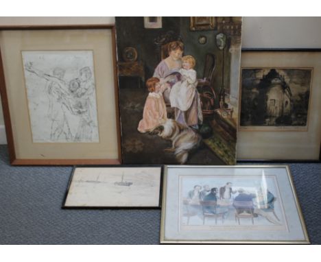 (XX). Interior scene with Mother, children and dog, indistinctly signed with monogram lower middle to right, oil on canvas, u