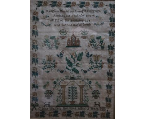 A 19TH CENTURY FRAMED AND GLAZED  NEEDLEWORK SAMPLER, depicting verse, flowers, animals etc. and border, bearing name 'Jane W